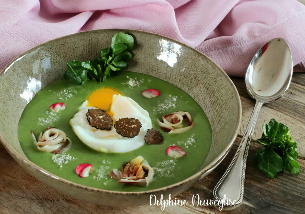 Soupe de cresson avec lamelles de ventrèche Porc Noir de Bigorre